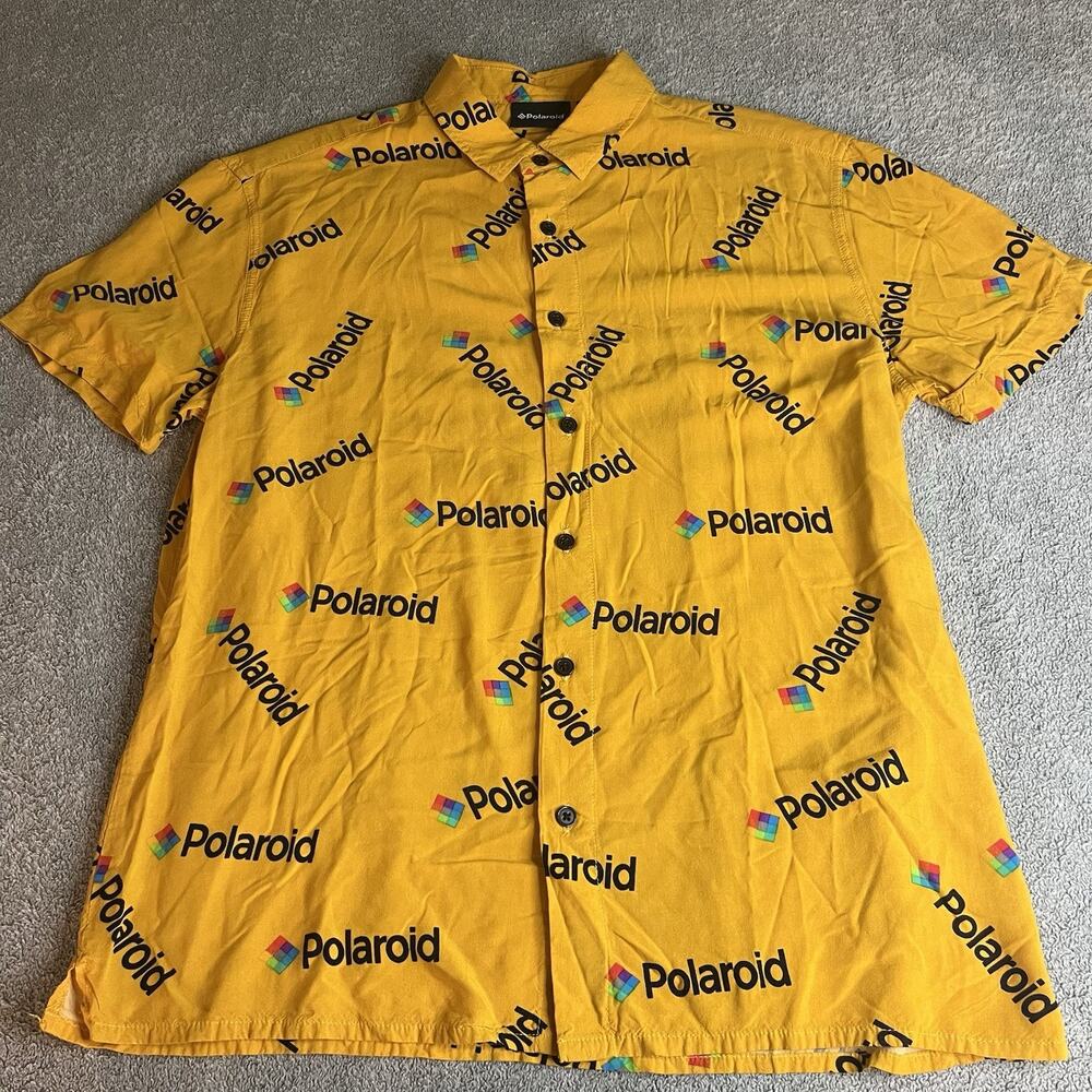 Polaroid Men's Small Short Sleeve Button Down Shirt Yellow All Over Print Logo S